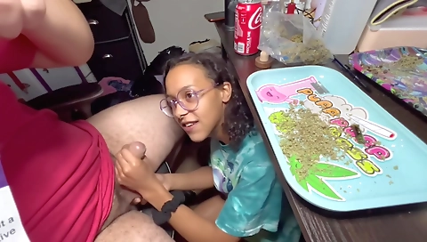 Ebony black brunette smoking and blowing me while we are on webcam