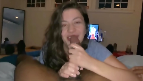 Beautiful White Chick Gives Sloppy Blowjob To Huge Black Cock