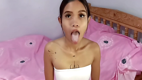 Asian girl tries to get a white cock in her mouth and throat