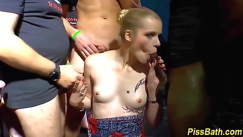 Amateur blonde group sex on a shower with a big cock