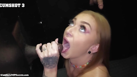 Sexy tattooed blonde swallows a big cock and a cumshot