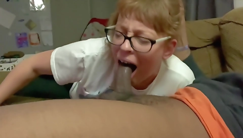 Red-haired brunette with a large and deep hole sucking a dick