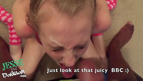 Blonde teen 18+ takes a facial in front of a interracial couple