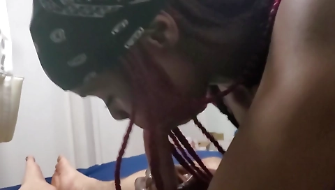 Amateur redhead blowjob with a white cock in a threesome