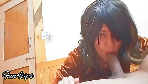 Indian teen is giving a deepthroat blowjob to a big cock