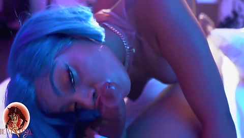 A girl with a tattooed ass is getting deep throated