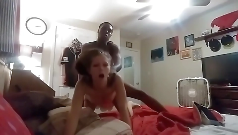 Amateur brunette with small titties sucking huge dick